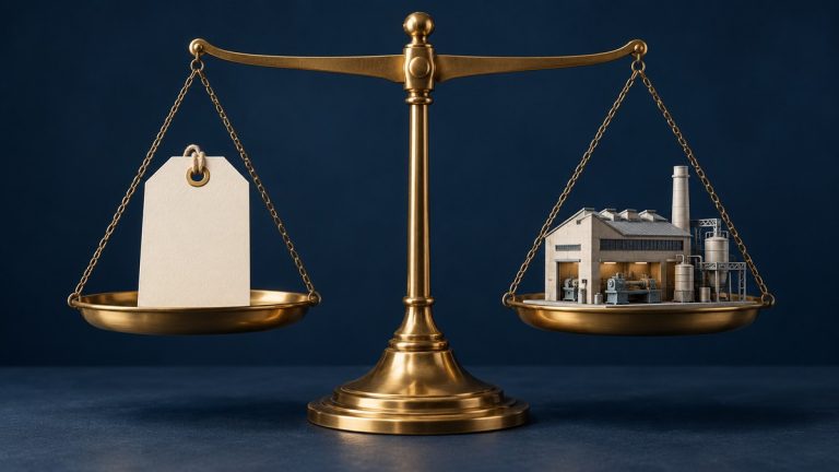 Conceptual illustration of a balance scale comparing a blank price tag with a model business.