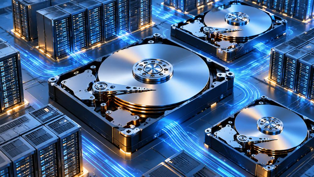Conceptual illustration of high-capacity hard drives and AI data-center server racks