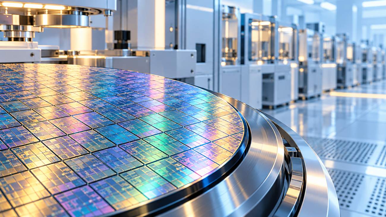 Conceptual illustration of a silicon wafer and chip production line for TSMC’s 2nm ramp