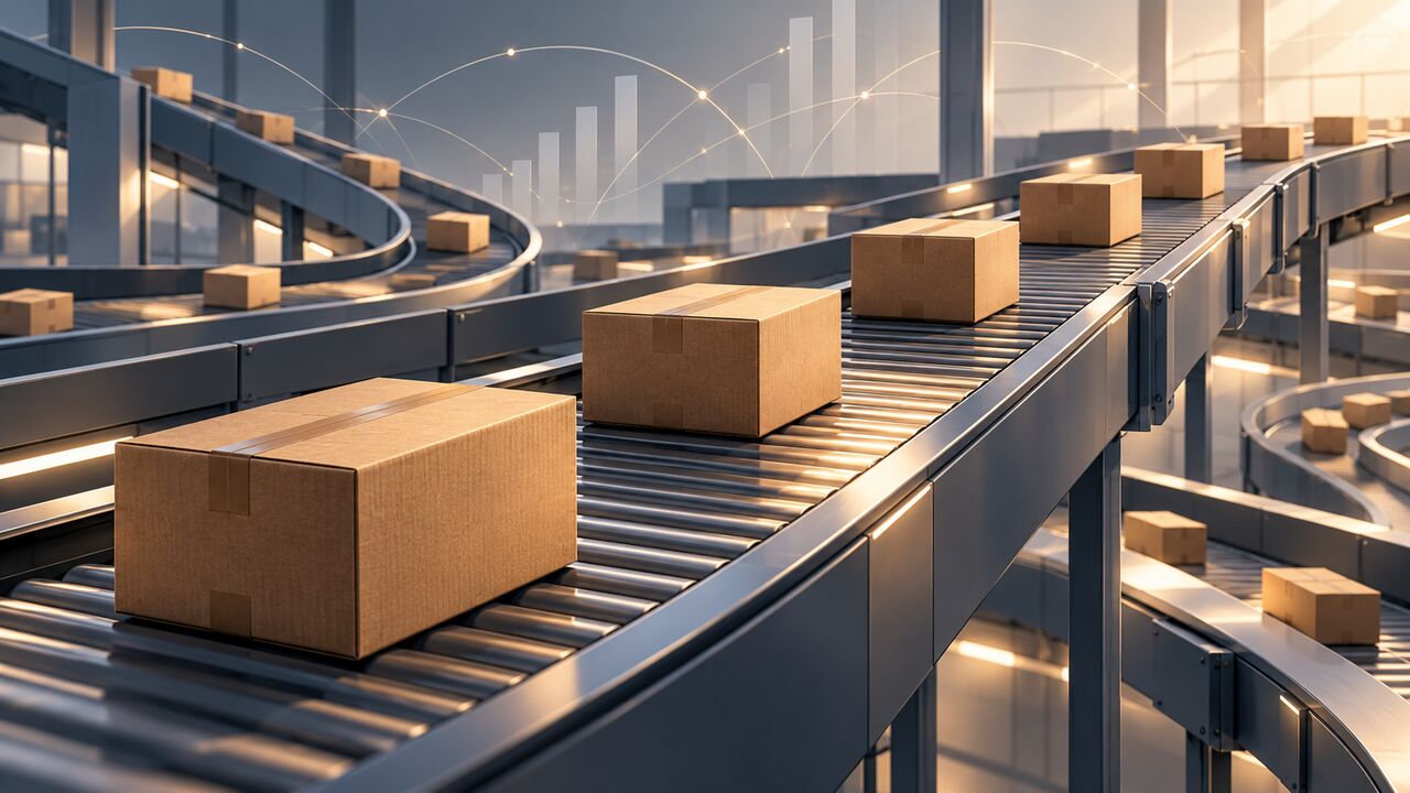 Conceptual illustration of parcels moving through a sorting network for an analysis of UPS package revenue and costs.