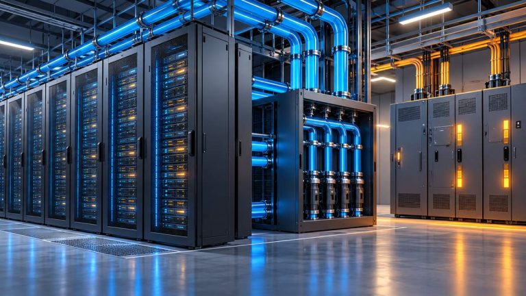 Conceptual illustration of data-center liquid-cooling infrastructure and electrical power equipment