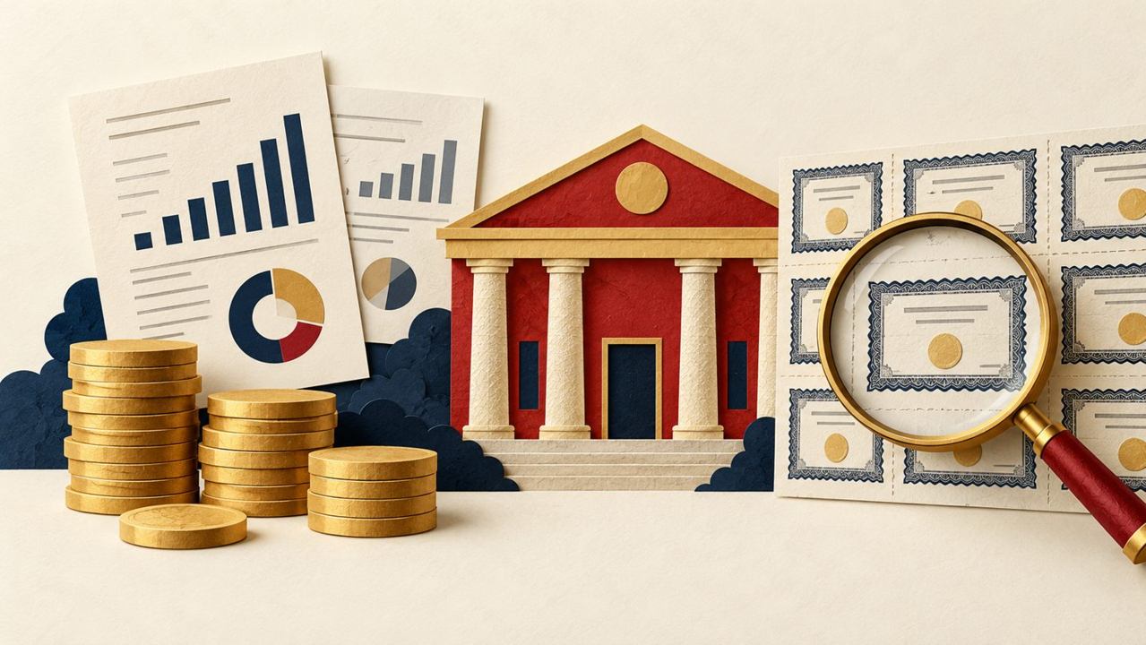 Conceptual illustration of a bank, earnings reports and share certificates for Wells Fargo’s Q3 2026 results