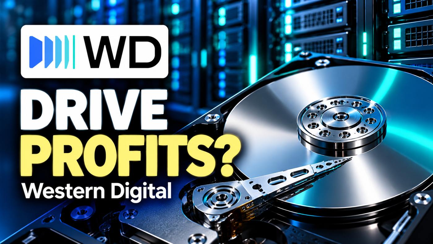 Conceptual Western Digital earnings illustration with the WD logo, a hard drive and data-center racks