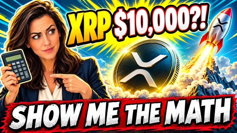 Cartoon Jenna holding a calculator beside an XRP coin and rocket, questioning XRP $10,000?! with SHOW ME THE MATH.